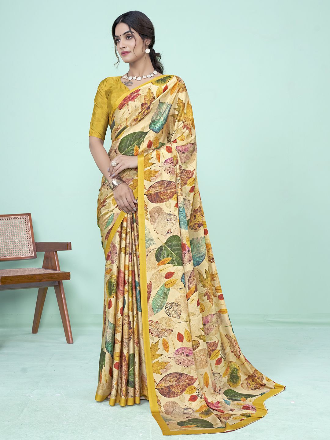 

Krimmple Floral Printed Mysore Silk Saree, Yellow