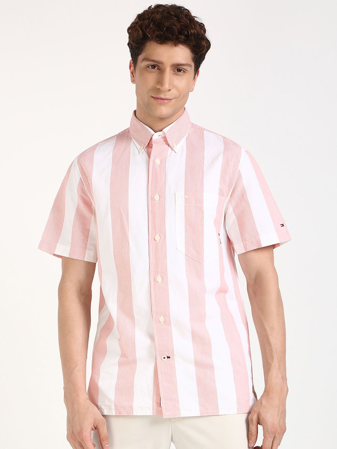 

Tommy Hilfiger Men Button-Down Collar Vertical Striped Cotton Casual Shirt, Pink