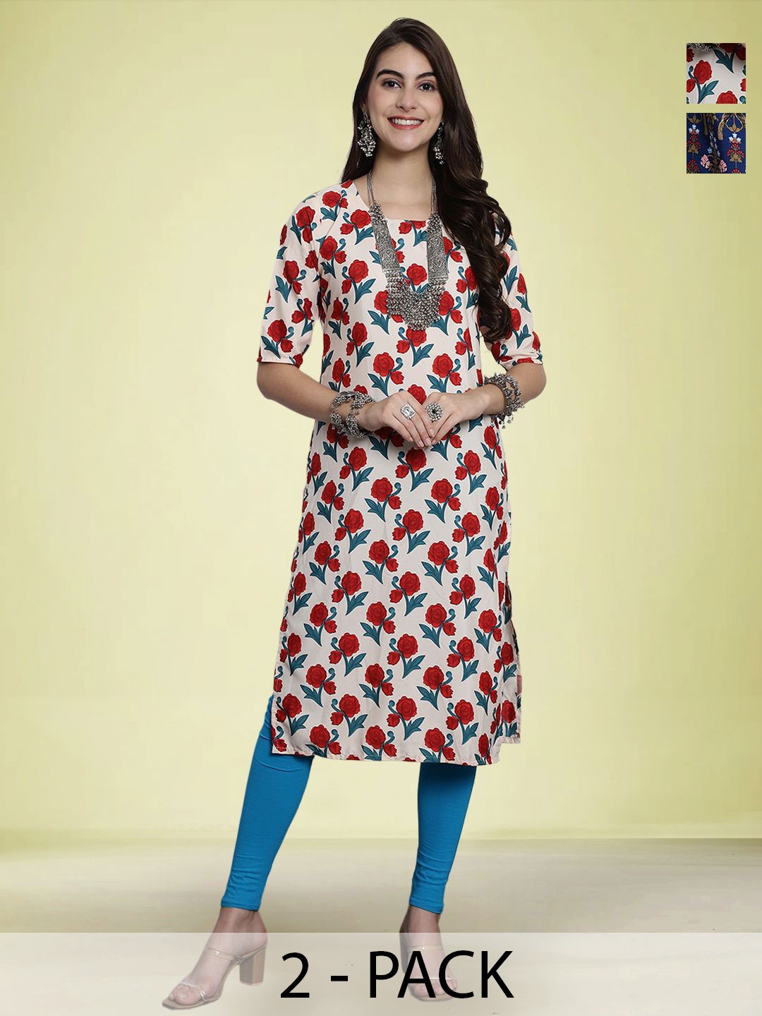 

Moda Rapido Selection Of 5 Floral Printed Round Neck Straight Kurtas, Cream