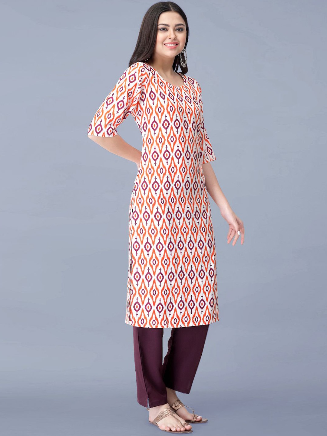 

Moda Rapido Geometric Printed Round Neck Straight Kurta With Trousers, White