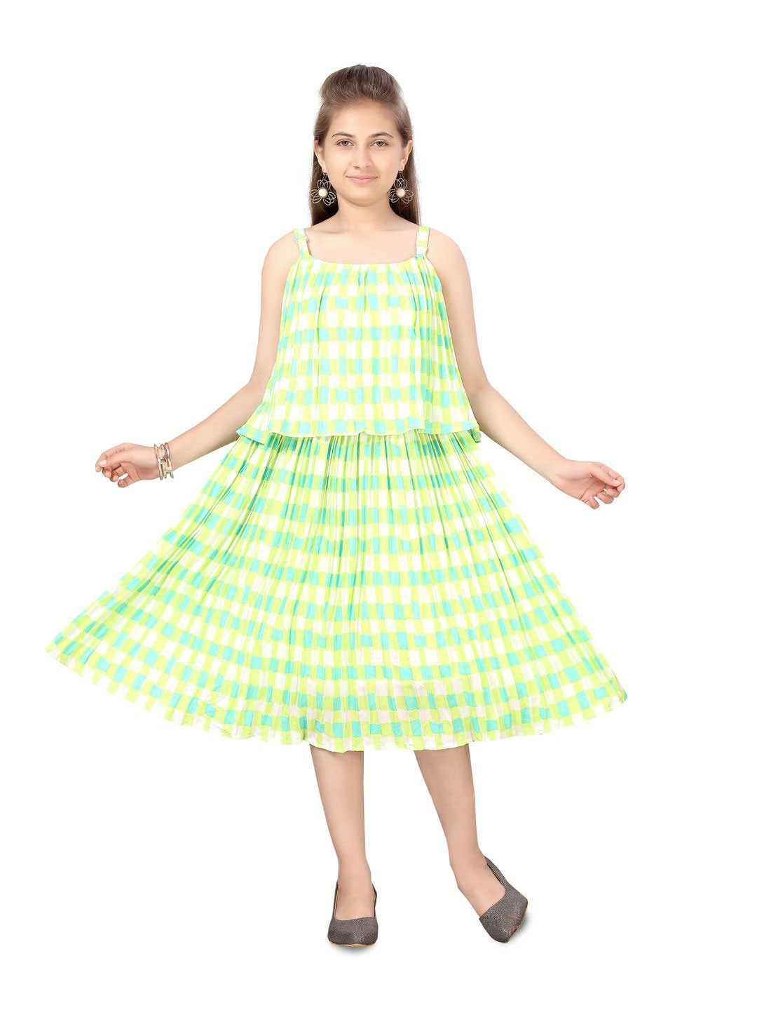 

HERE&NOW Girls Checked Georgette A-Line Midi Dress, Green