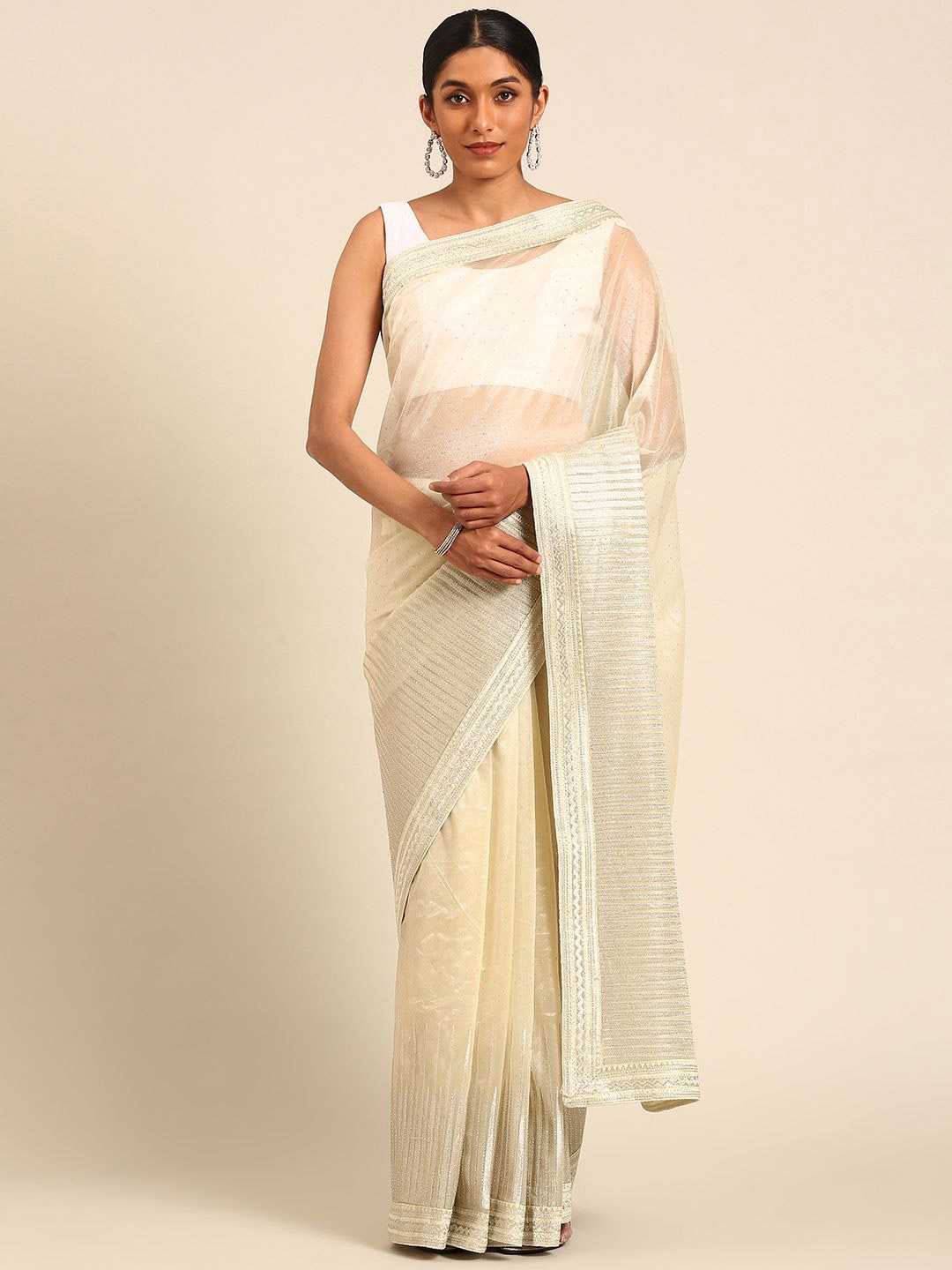 

Panzora Embellished Beads and Stones Saree, Cream