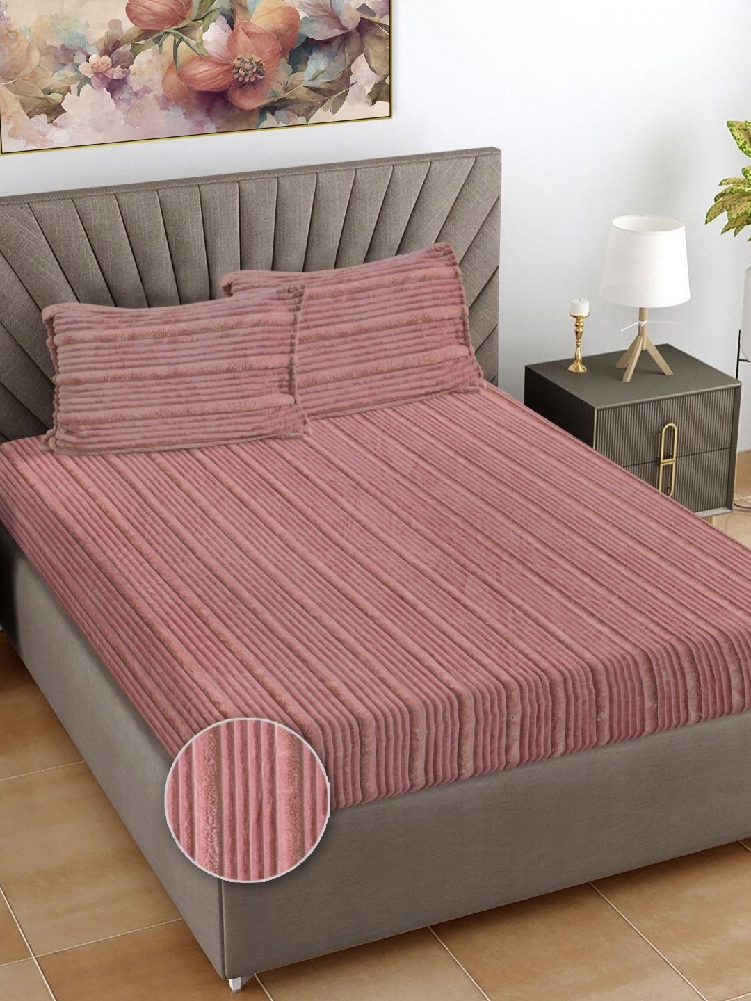 

FABINALIV Peach Striped 300 TC Woollen King Bedsheet Set 2.5m X 2.25m