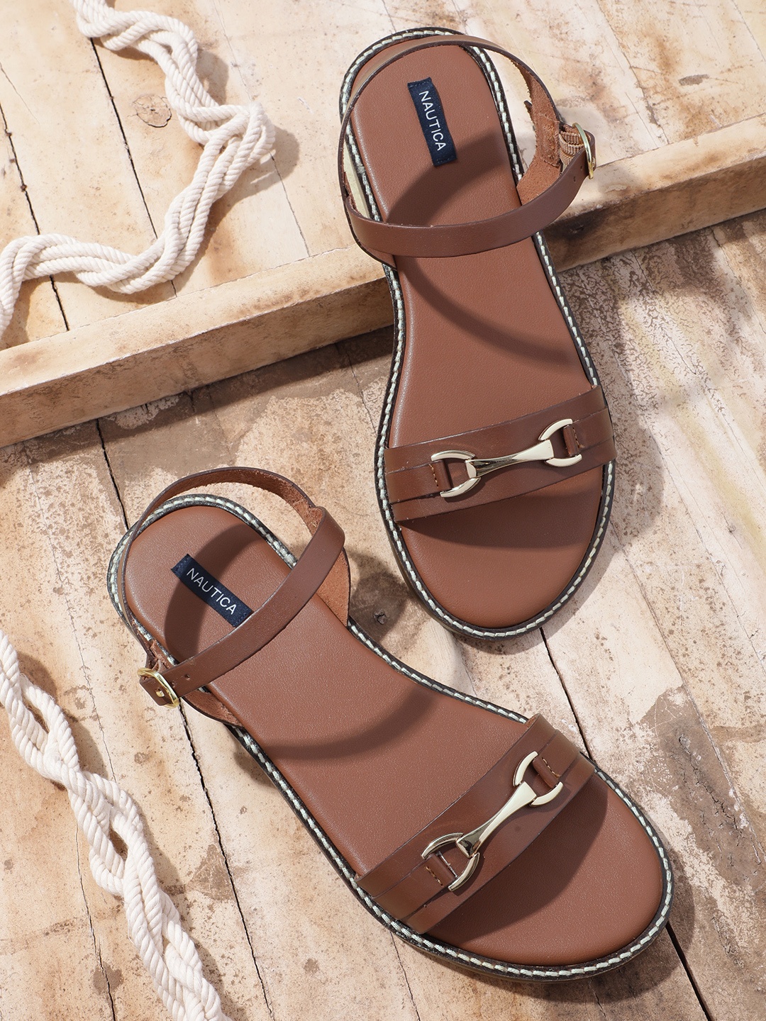 

Nautica Women Open Toe Flats With Horsebit Detail, Brown