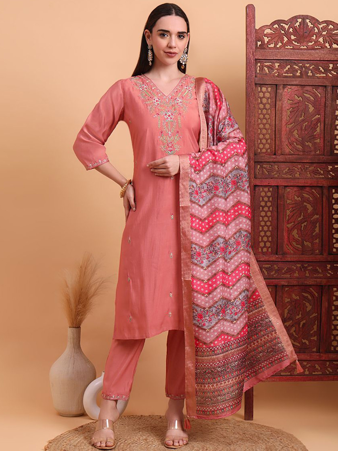 

Krimmple Women Ethnic Motifs Embroidered Regular Kurta with Trousers & With Dupatta, Peach