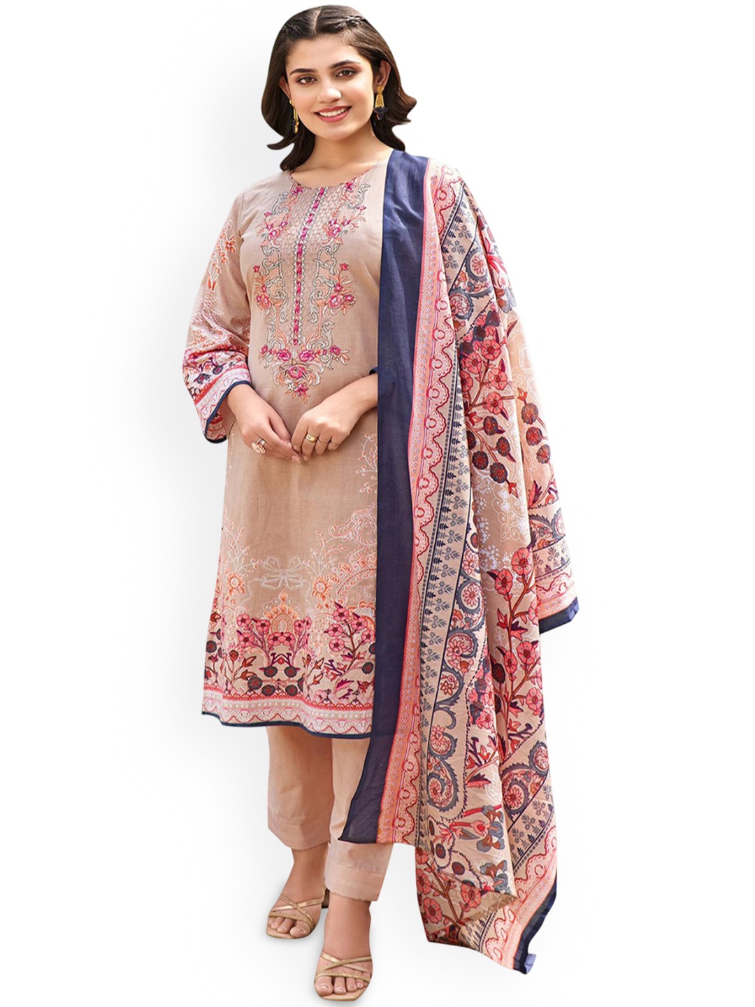 

DRAVINAM Trends Embroidered Pure Cotton Unstitched Dress Material, Peach