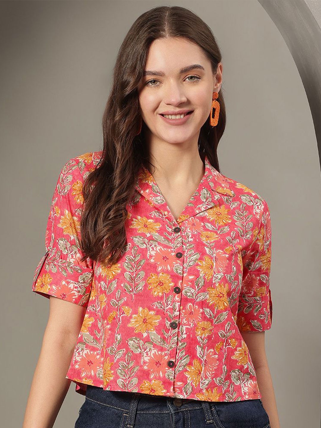 

KALINI Floral Print Roll-Up Sleeves Cotton Shirt Style Crop Top, Peach