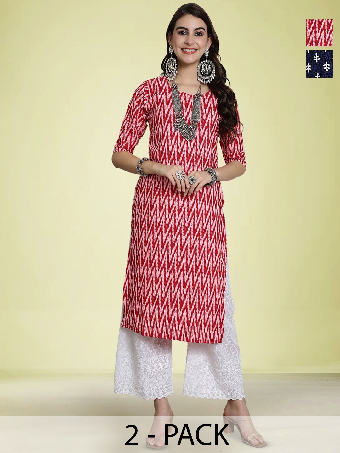 

Moda Rapido Selection Of 2 Chevron Printed Round Neck Straight Kurtas, Pink