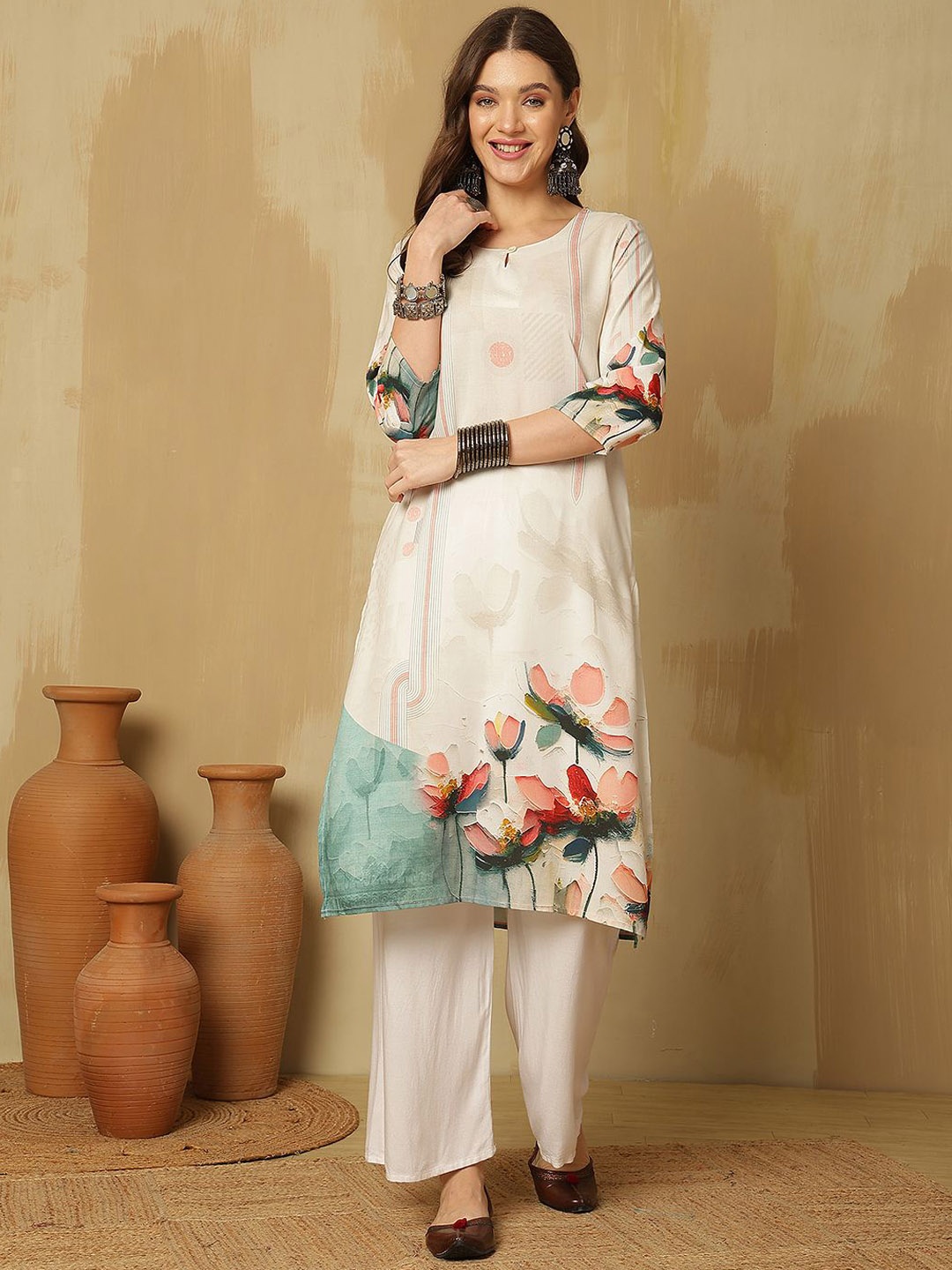 

Anouk White Floral Printed Keyhole Neck A-Line Kurta