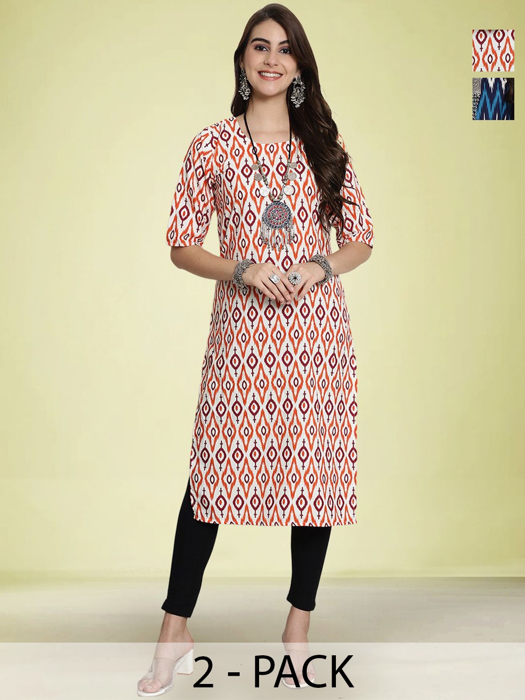 

Moda Rapido Selection Of 2 Ethnic Motifs Printed Round Neck Straight Kurta With Trousers, White