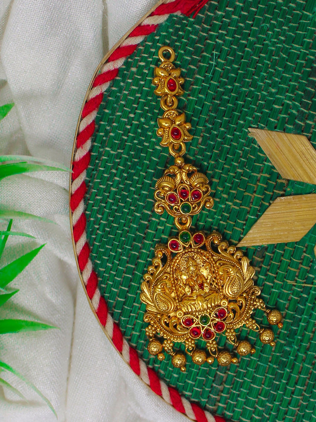 

NAGNESHI ART Gold-Plated Artificial Stones Studded & Beaded Lakshmi Design Maang Tikka