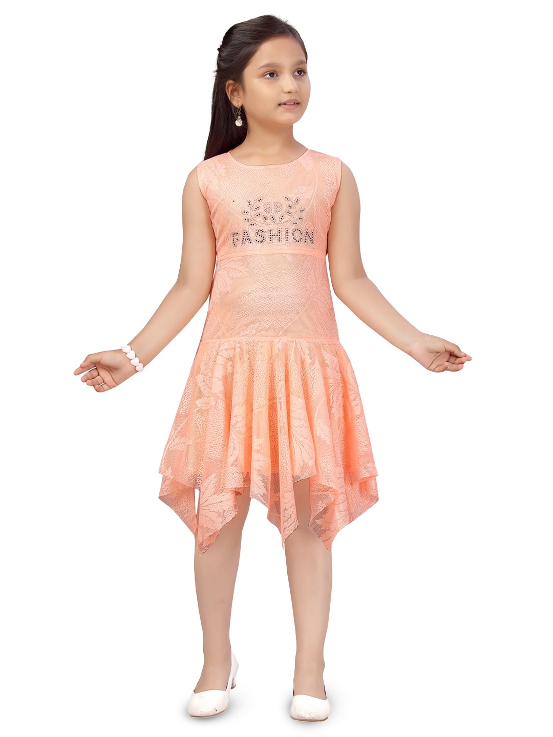 

HERE&NOW Girls Self Design Fit & Flare Knee Length Dress, Peach