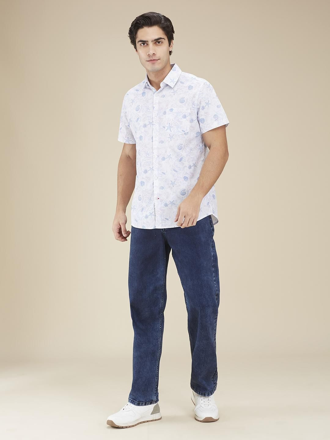 

Being Human Men Classic Fit Spread Collar Conversational Printed Cotton Casual Shirt, White