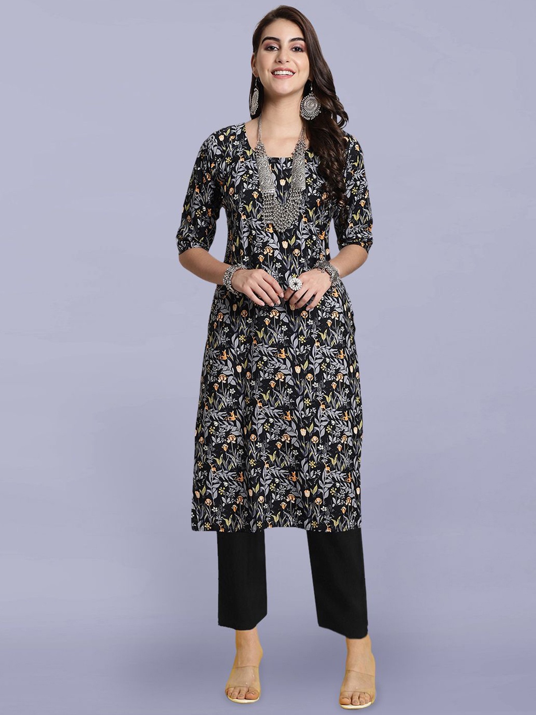 

Moda Rapido Floral Printed Round Neck Straight Kurta With Trousers, Black