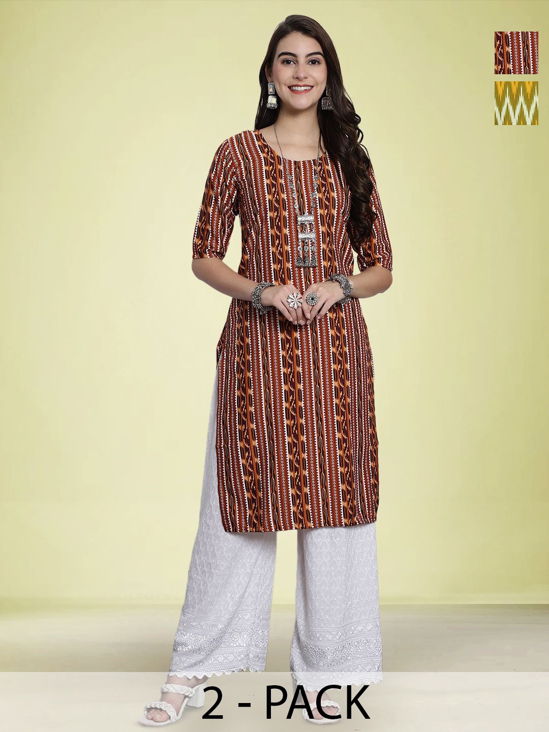 

Moda Rapido Selection Of 2 Geometric Printed Round Neck Straight Kurtas, Maroon