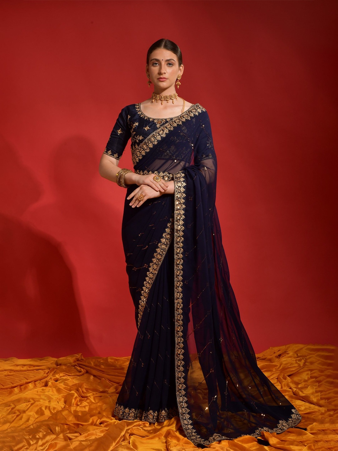 

LeeliPeeri Designer Floral Embroidered Pure Georgette Saree, Navy blue