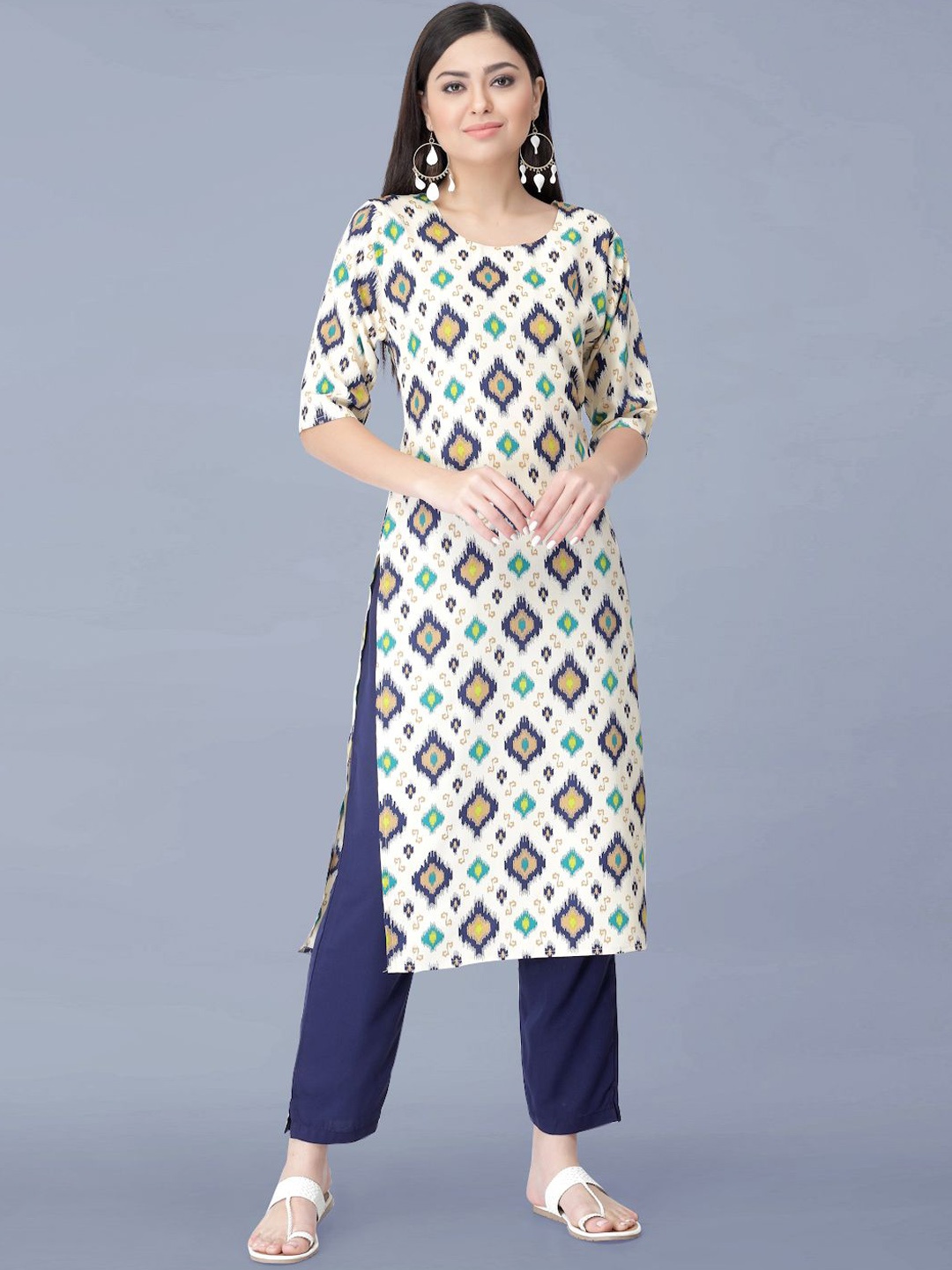 

Moda Rapido Geometric Printed Round Neck Straight Kurta With Trousers, White