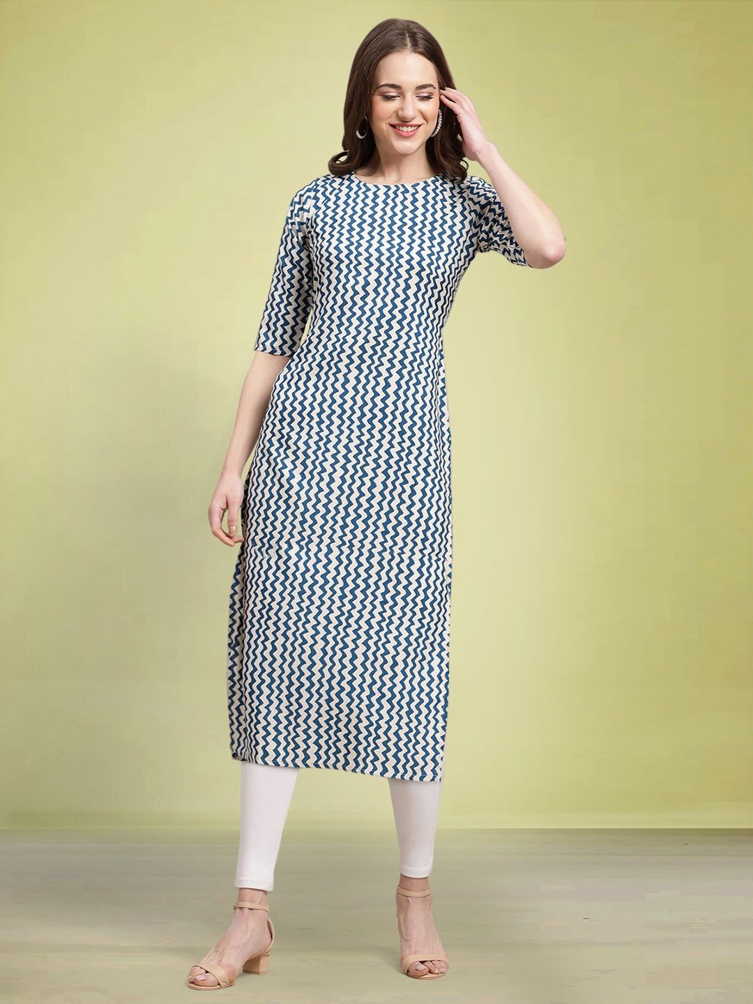 

Moda Rapido Printed Chevron Printed Round Neck Straight Kurta, Blue