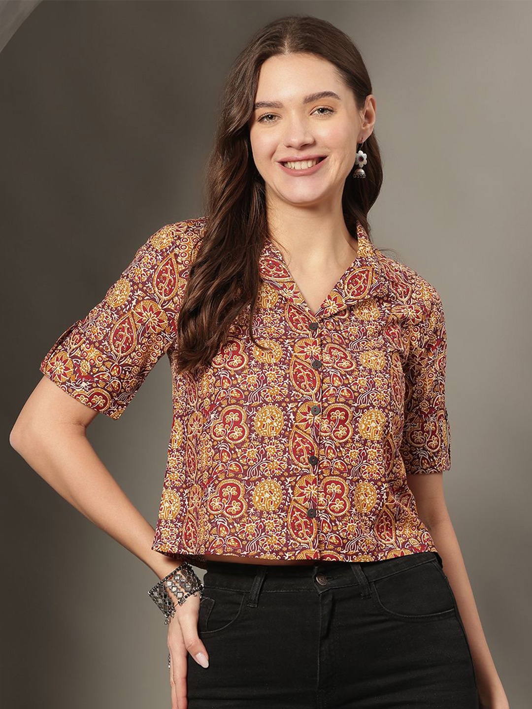 

KALINI Floral Print Roll-Up Sleeves Cotton Shirt Style Crop Top, Red