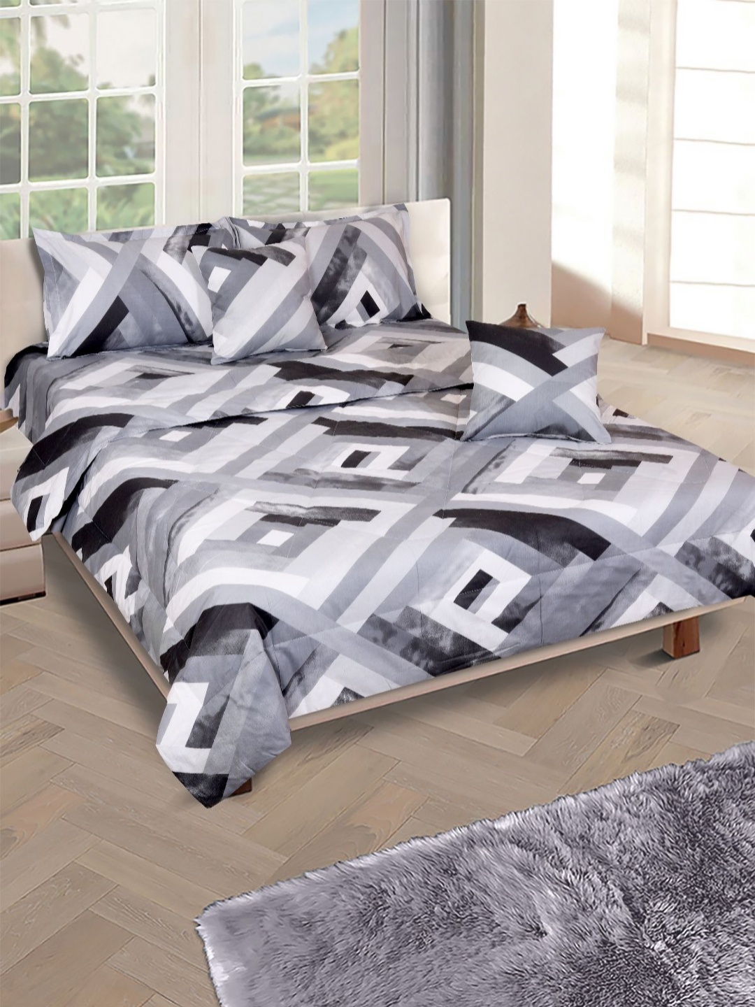 

Aura Grey & White Geometric Cotton 6 Piece Double Queen Superfine Bedding Set