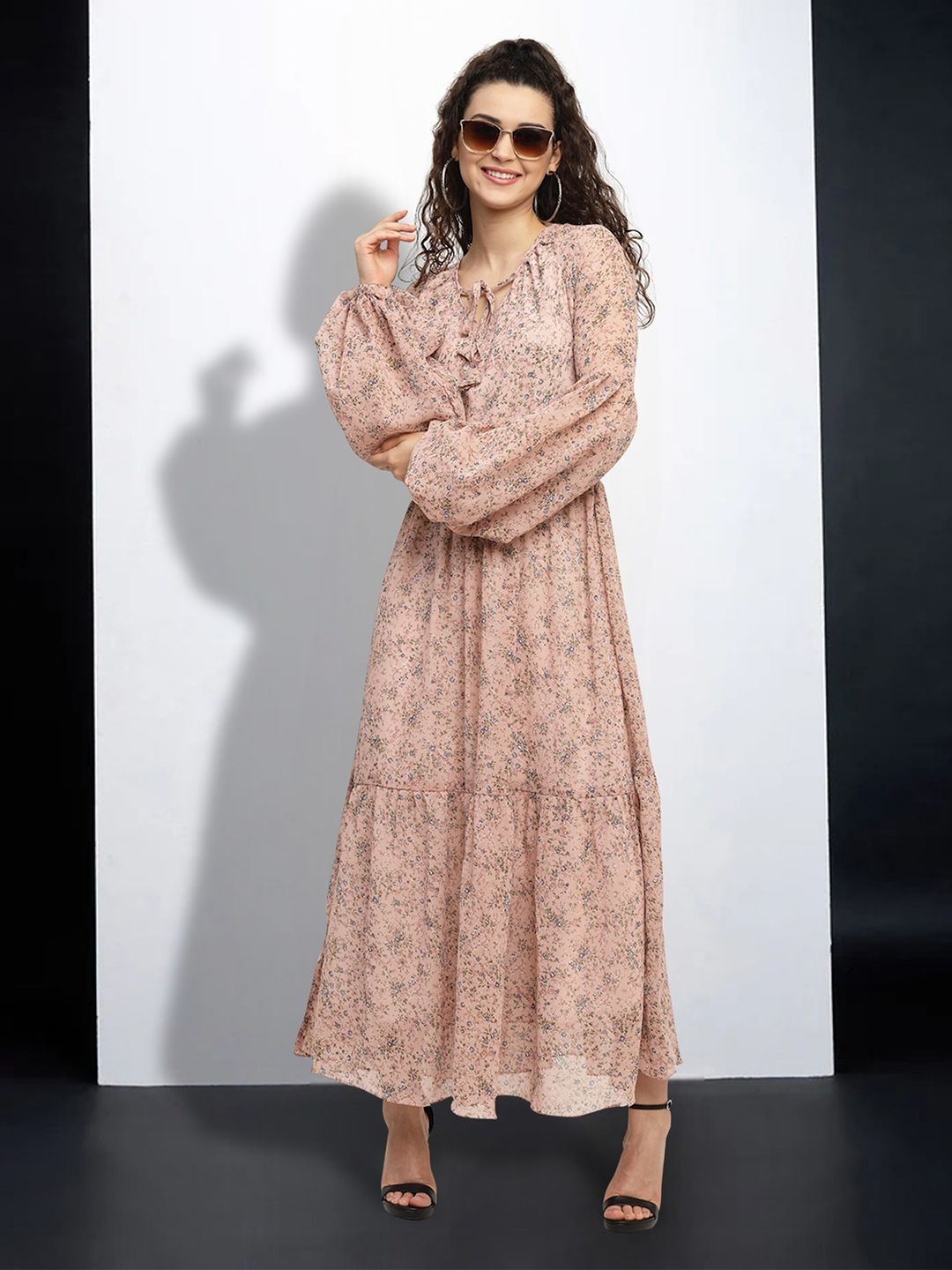 

MISS AYSE Floral Print Tie-Up Neck Applique Fit & Flare Dress, Multi