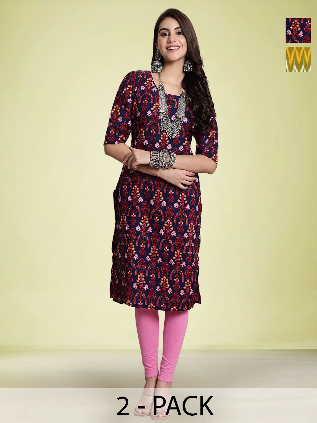 

Moda Rapido Women Pack Of 2 Printed Round Neck Straight Kurta, Black