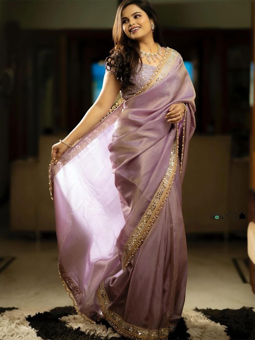 

Munir Mirror Work Embroidered Tissue Saree, Pink