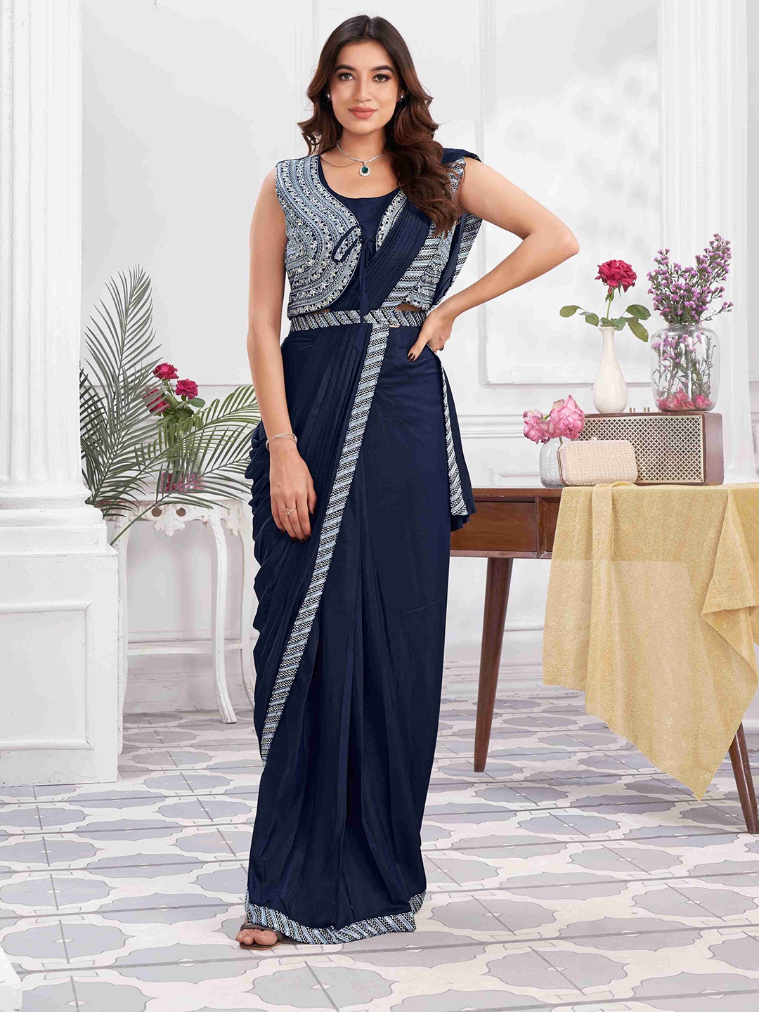 

Krimmple Solid Pure Georgette Ready to Wear Saree, Blue