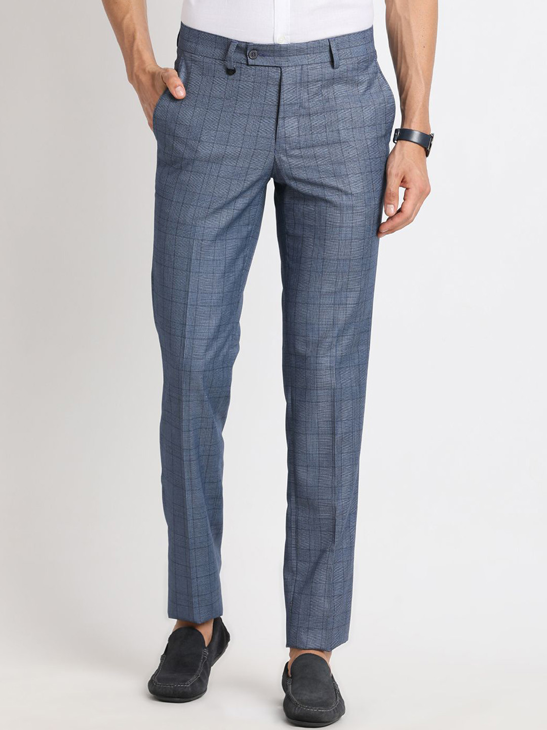 

Turtle Men Checked Tailored Slim Fit Formal Trousers, Blue