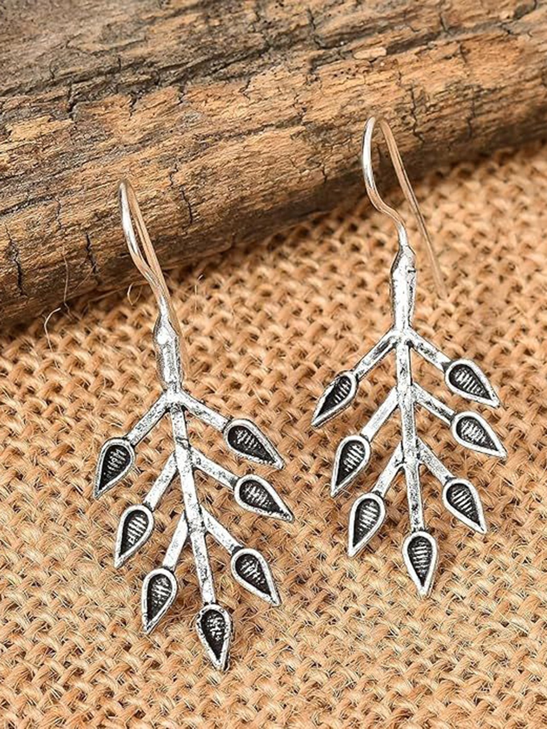 

Kezlin German Silver-Plated Artificial Stone Studded Leaf Shaped Drop Earrings