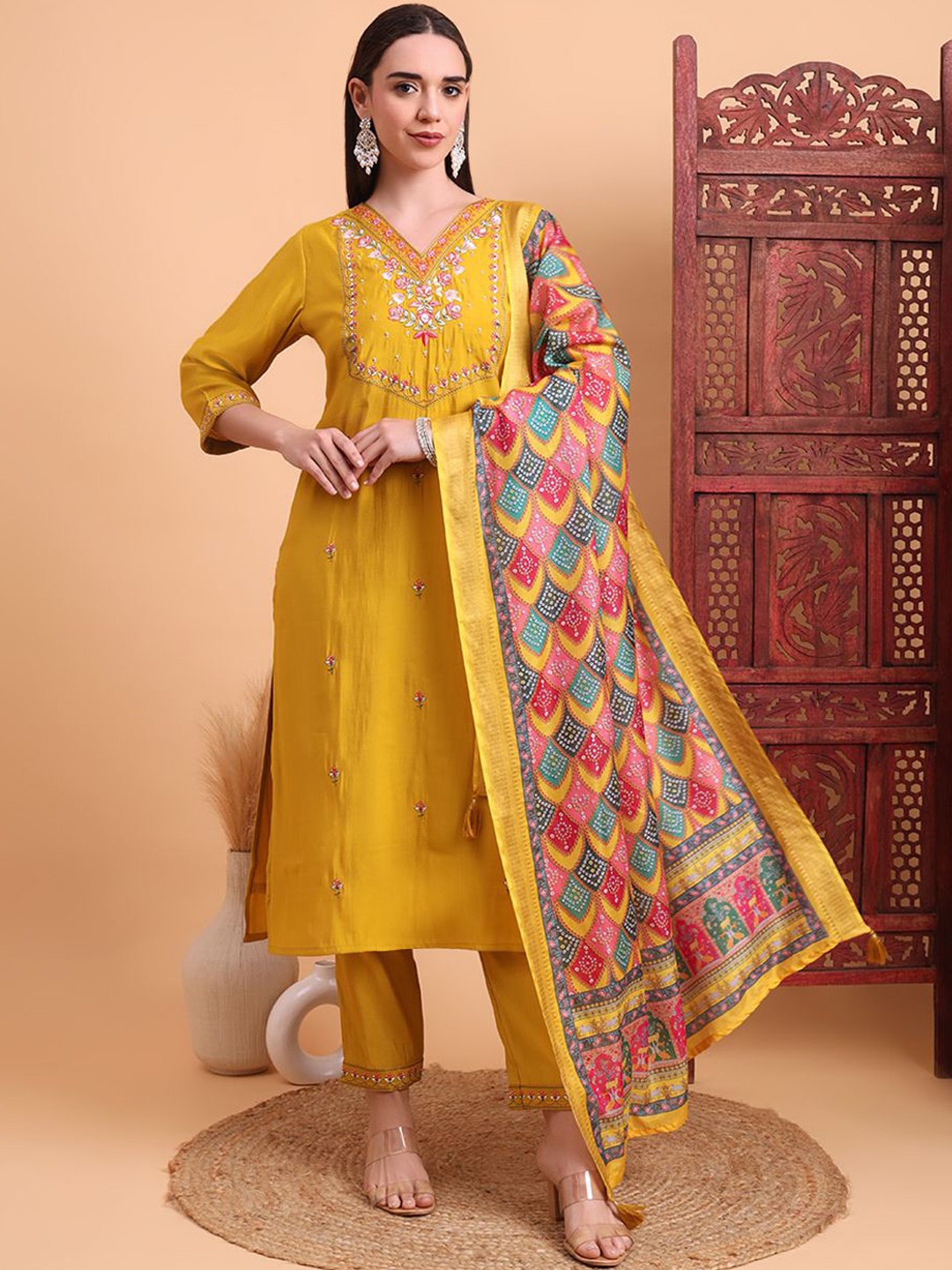 

SUNDARNAARI Floral Embroidered Thread Work Organic Cotton Kurta With Trousers & Dupatta, Mustard