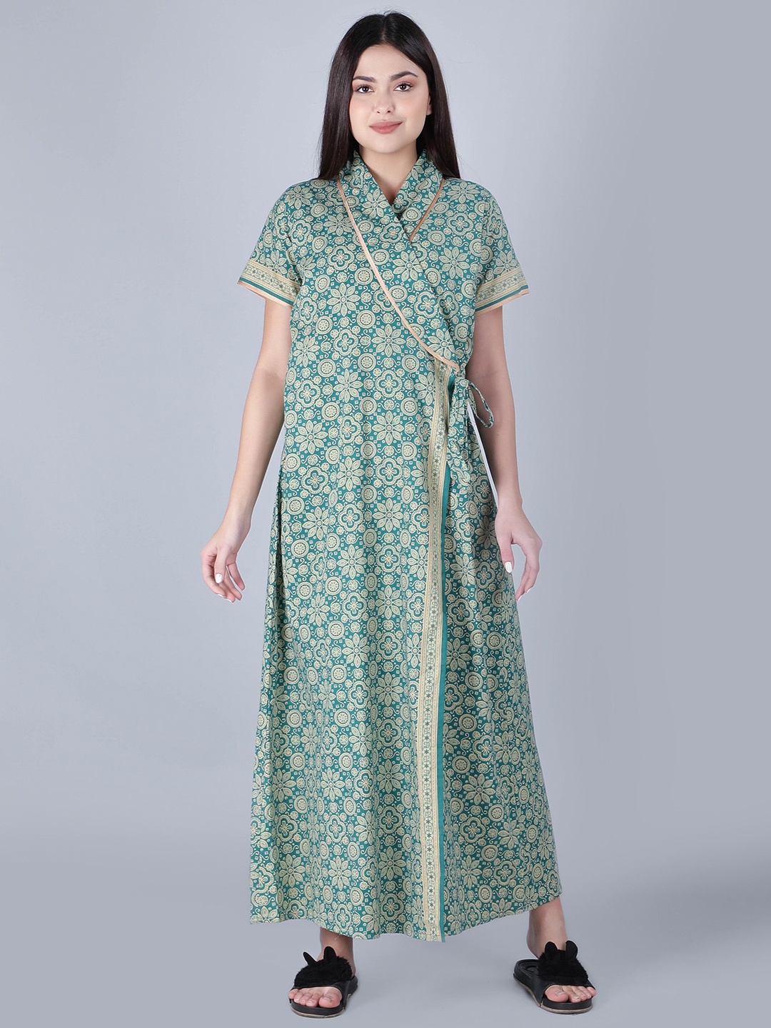 

BELLAMY Women Printed Maxi Pure Cotton Wrap Nightdress, Sea green