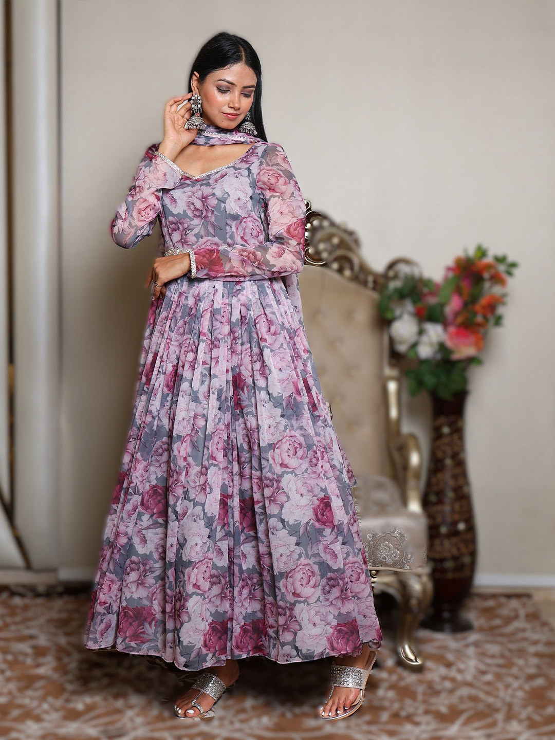 

KELLPAR Floral Print Chiffon Maxi Dress, Grey