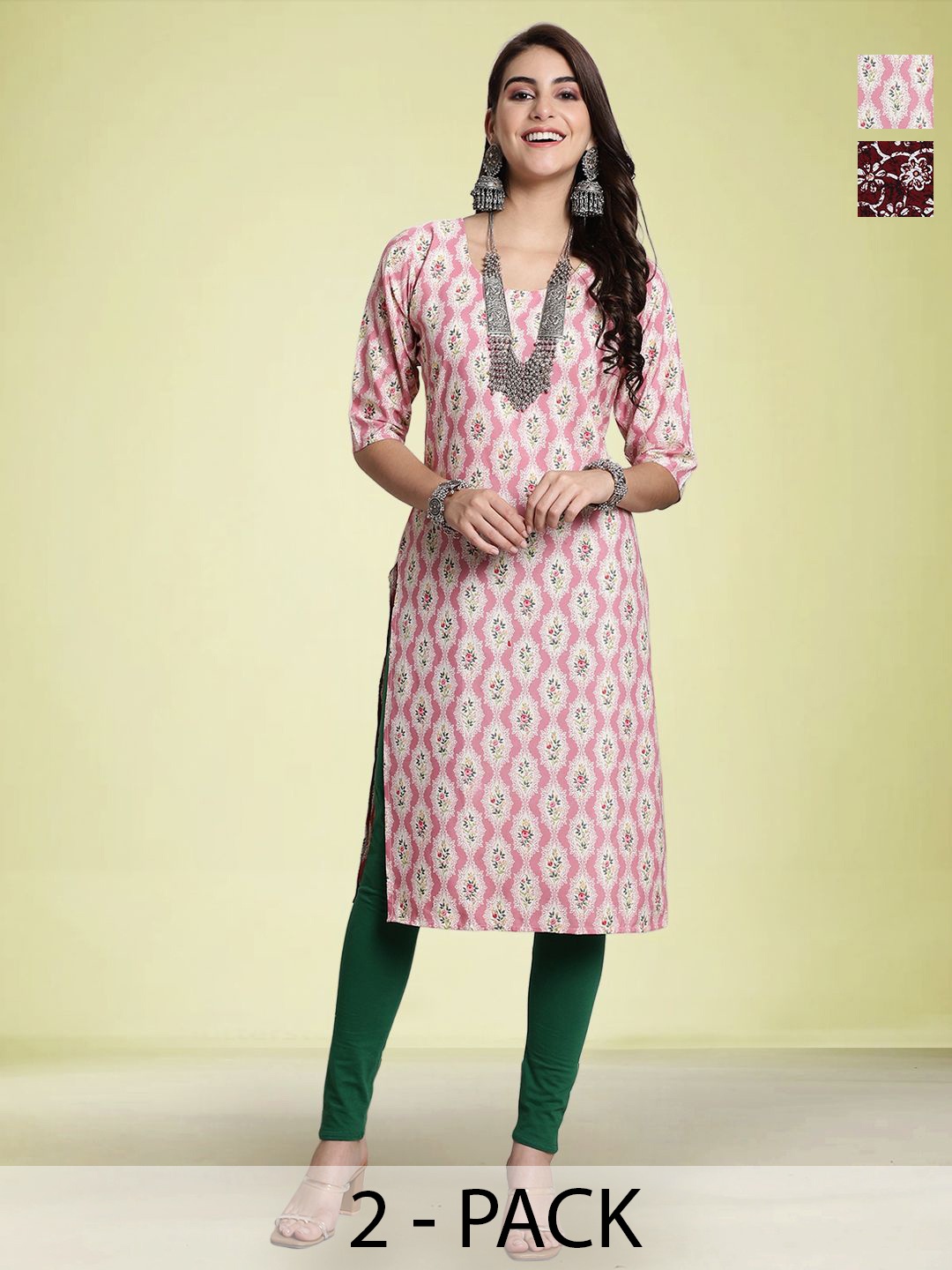 

Moda Rapido Selection Of 2 Floral Printed Round Neck Straight Kurtas, Pink