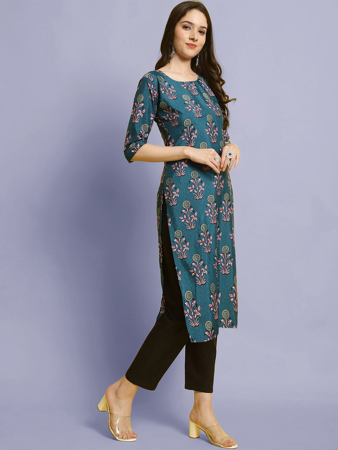 

Moda Rapido Floral Printed Round Neck Straight Kurta With Trousers, Teal