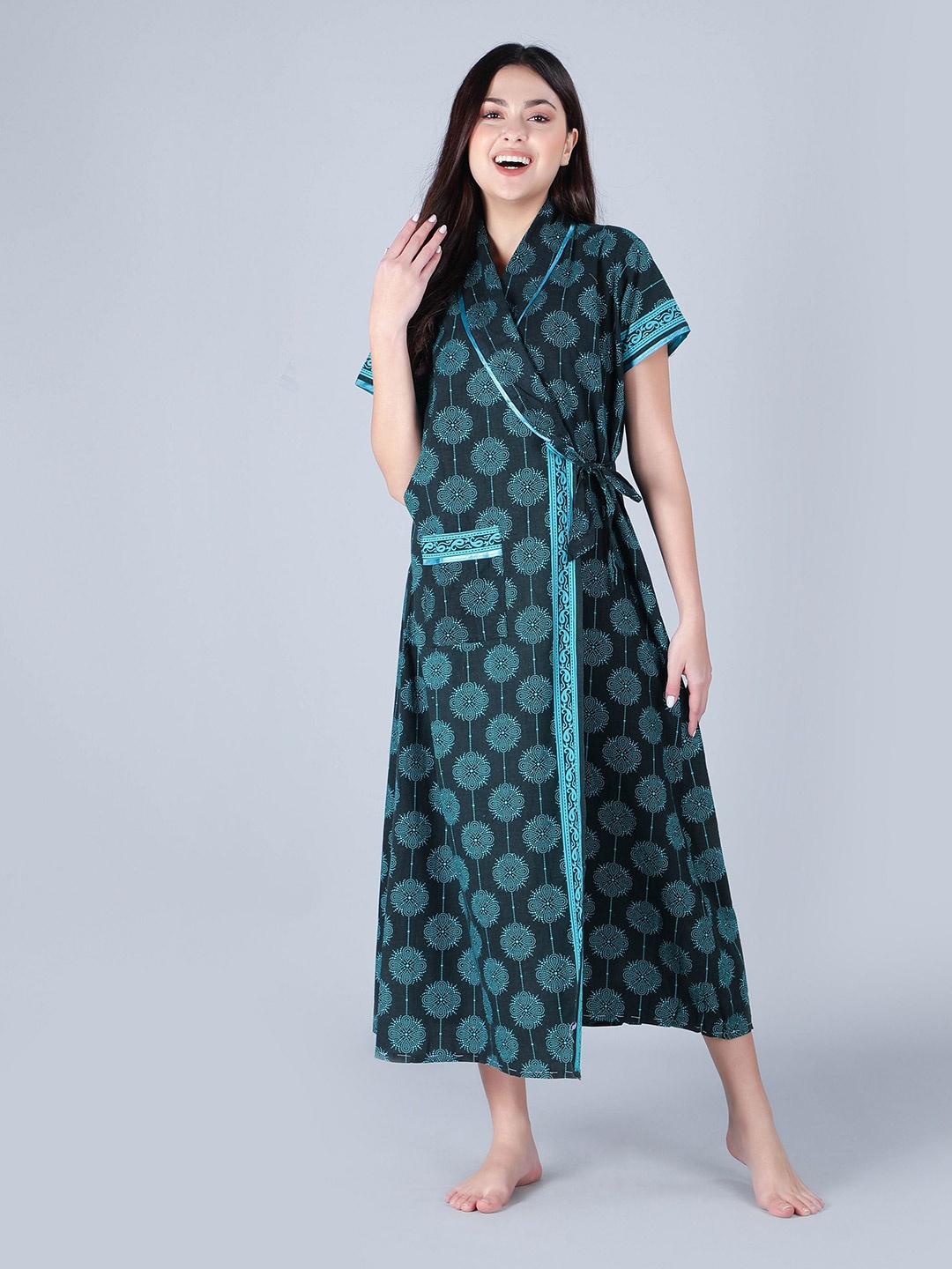 

BELLAMY Women Printed Pure Cotton Maxi Nightdress, Teal