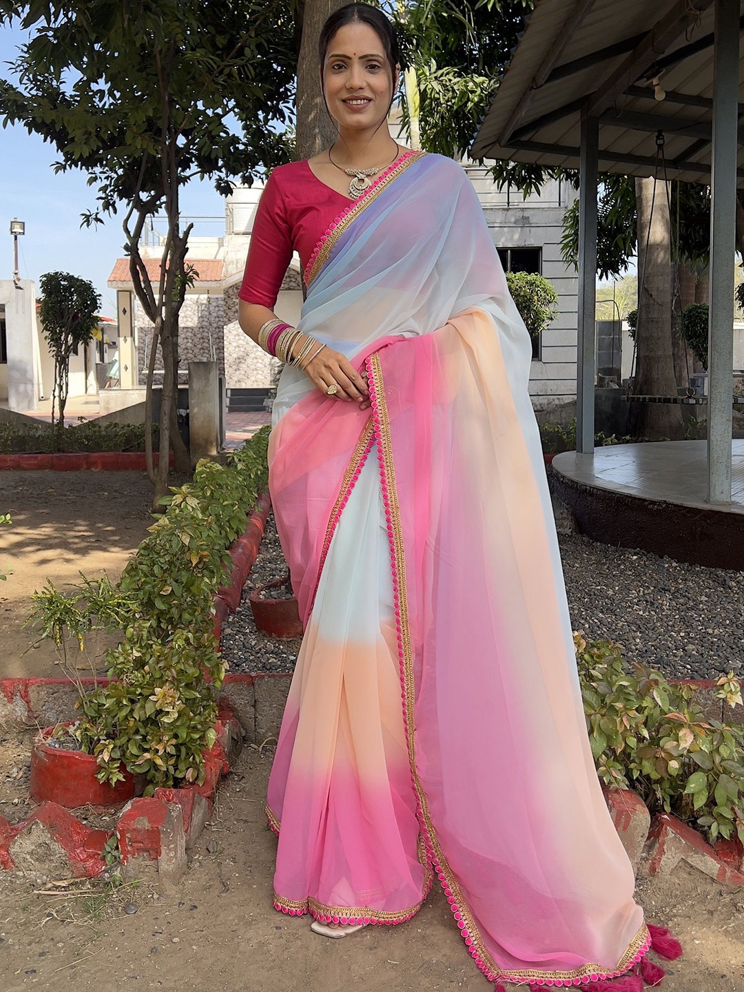 

JULEE Ombre Embroidered Pure Georgette Ready to Wear Saree, Pink