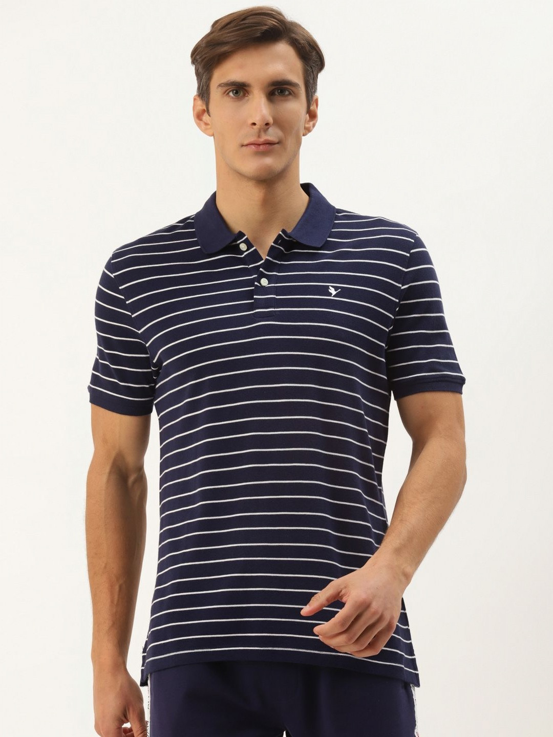 

AMSWAN Men Striped Polo Collar T-shirt, Navy blue