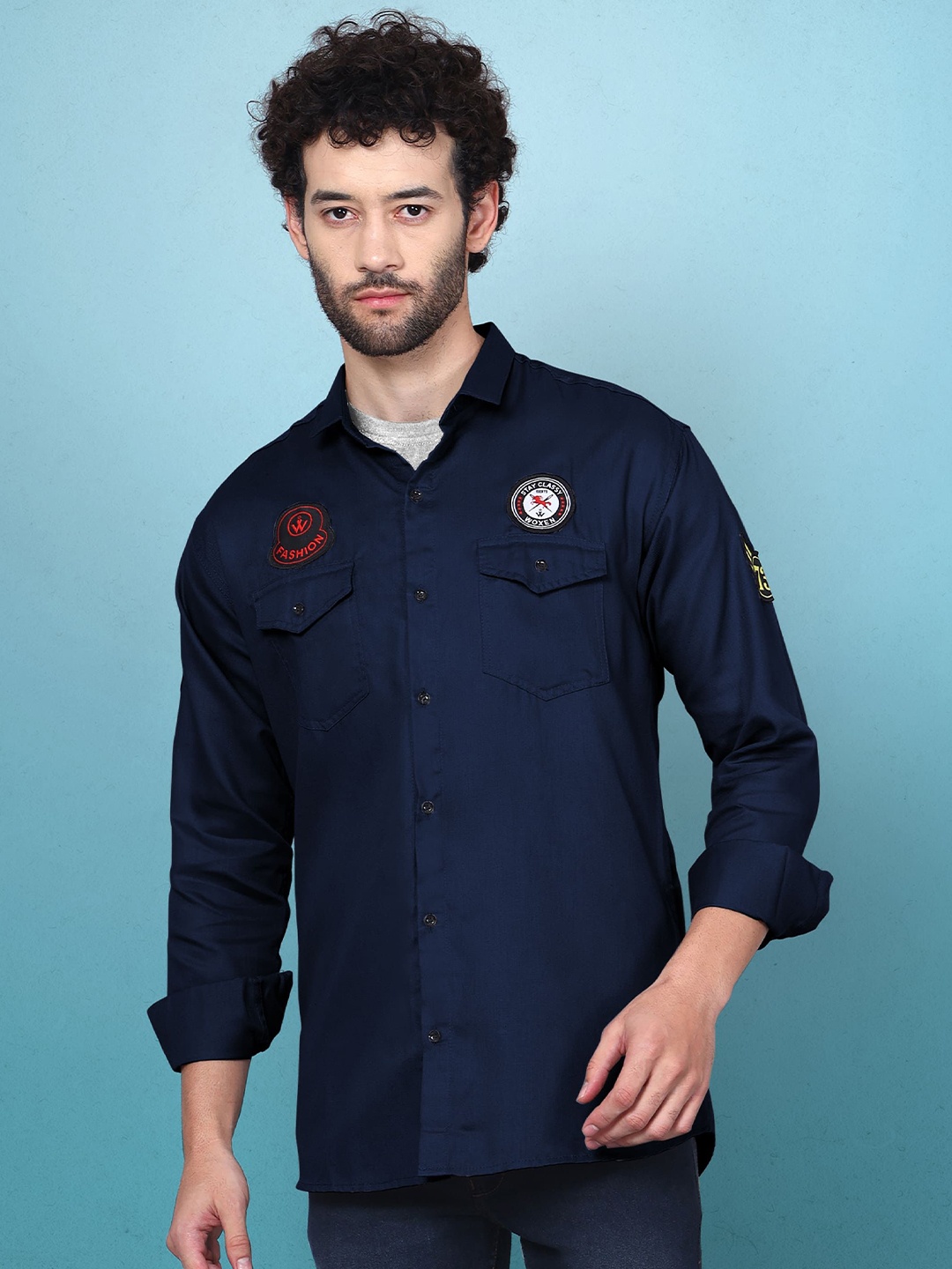 

WOXEN Men Original Fit Spread Collar Solid Cotton Casual Shirt, Navy blue
