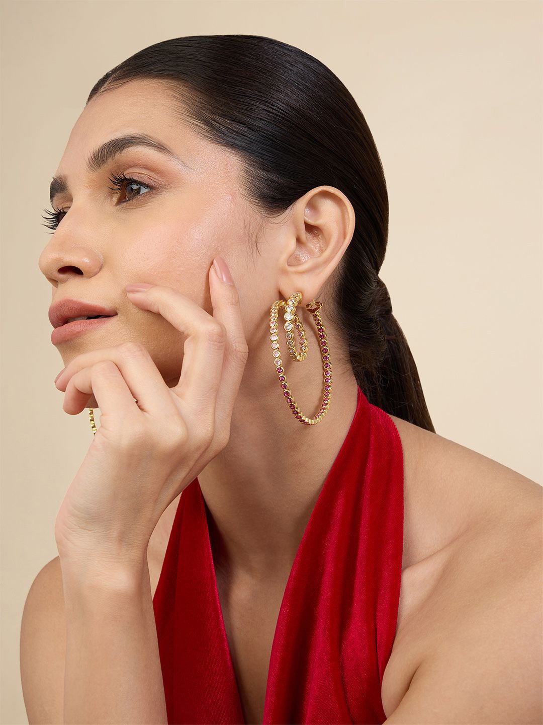 

Isharya 18KT Gold Plated Crystal Stone Studded Contemporary Spiral Hoop Earrings, Red