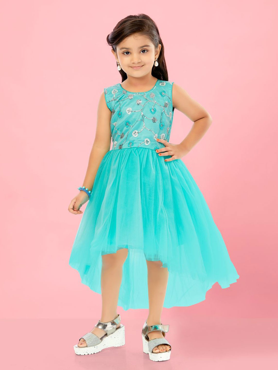 

Sangria Girls Embellished High-Low Dress, Turquoise blue