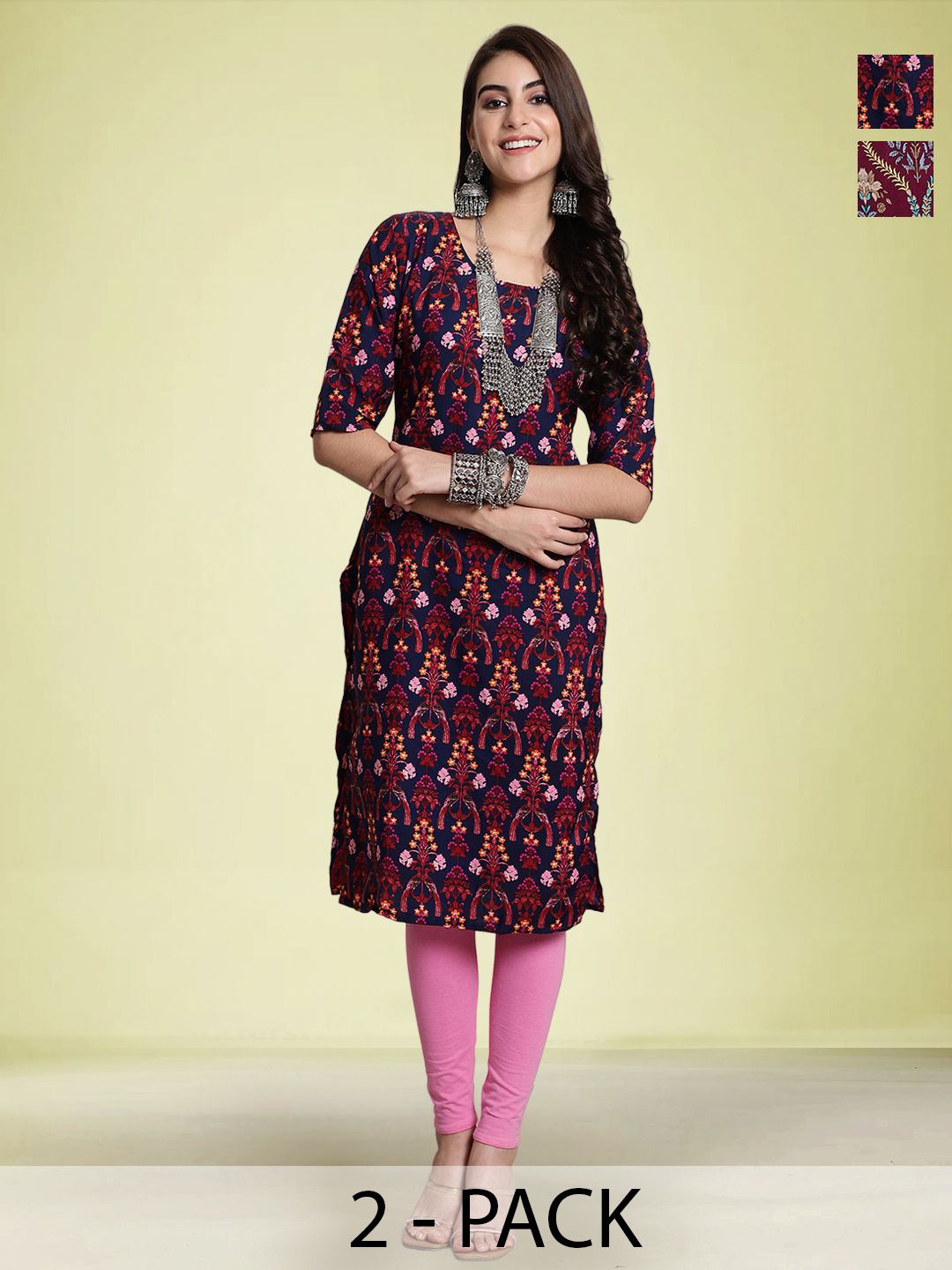 

Moda Rapido Selection Of 2 Ethnic Motifs Printed Straight Kurtas, Blue