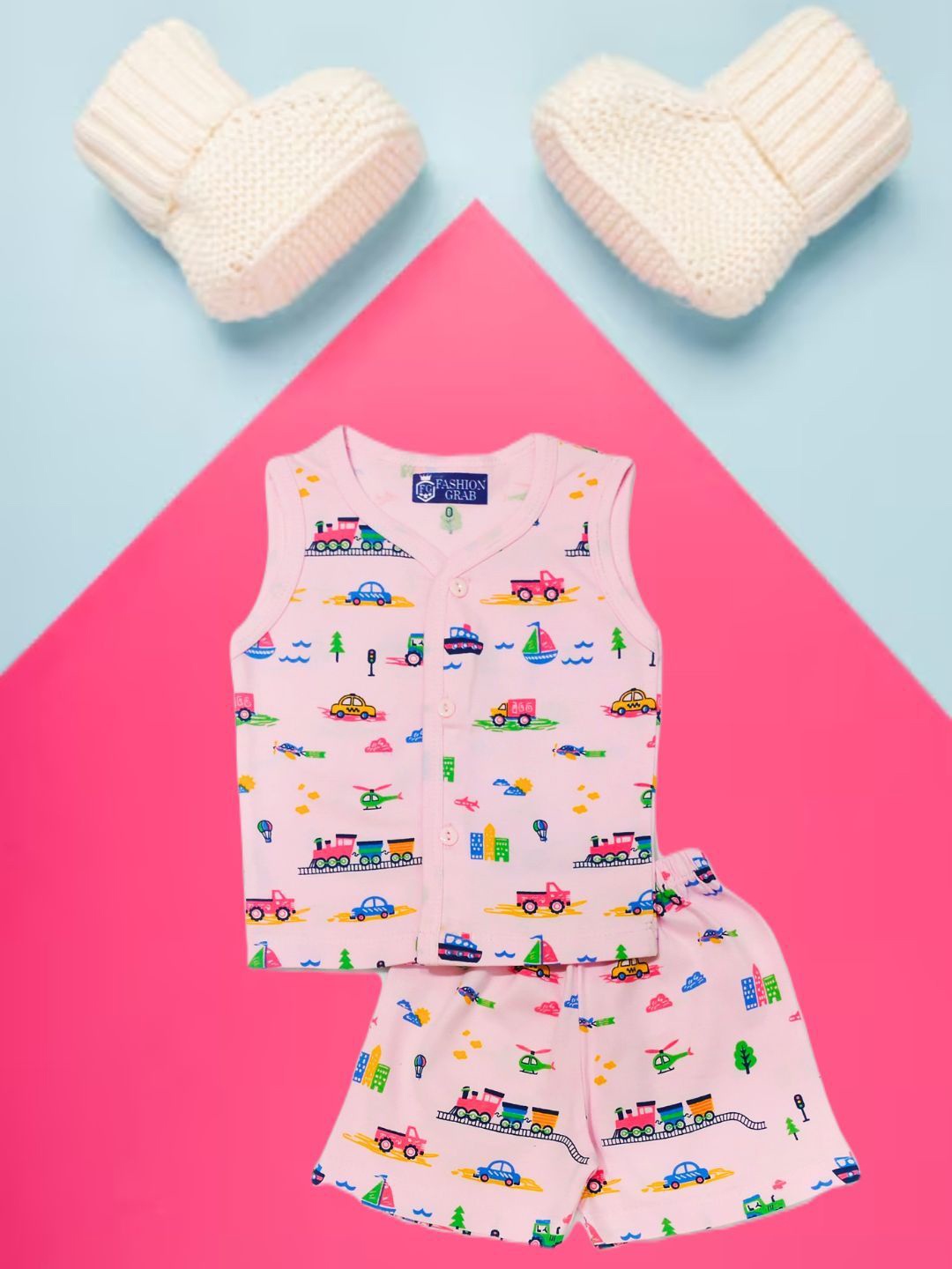 

FASHION GRAB Infant Kids Printed Pure Cotton Jhabla With Shorts, Pink