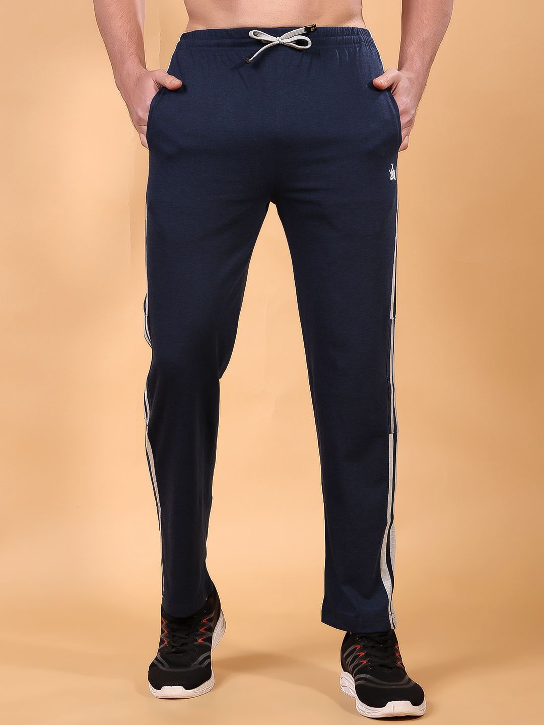 

FAW Men Side Striped Combed Cotton Mid Rise Track Pant, Navy blue
