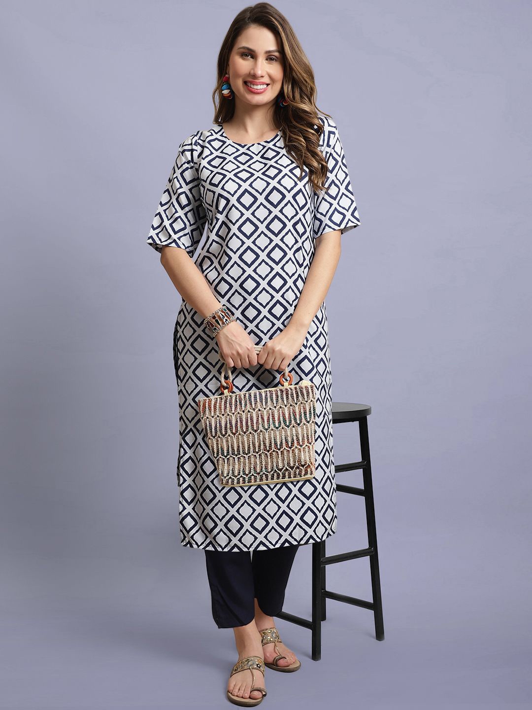 

Moda Rapido Geometric Printed Round Neck Straight Kurta With Trousers, White