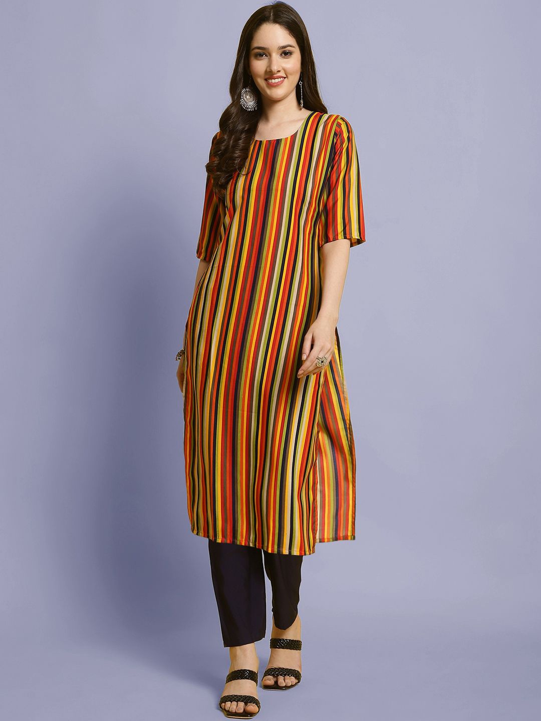 

Moda Rapido Striped Round Neck Straight Kurta With Trousers, Black