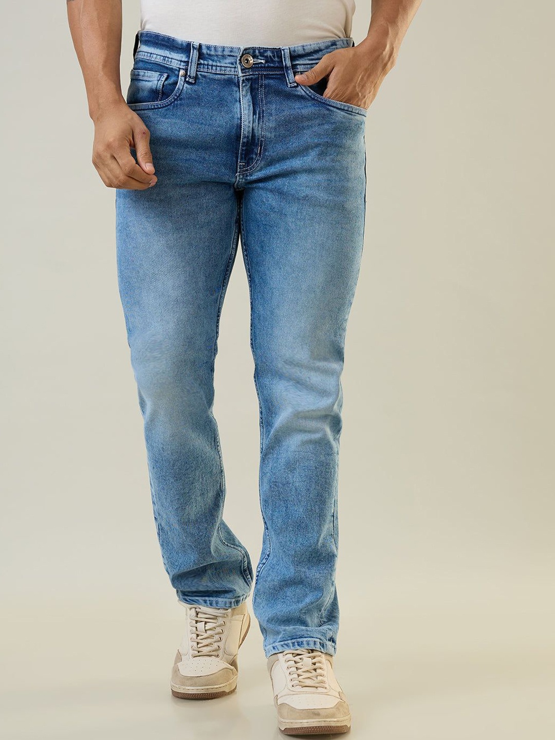 

TIM PARIS Men Straight Fit Low Distress Heavy Fade Jeans, Grey