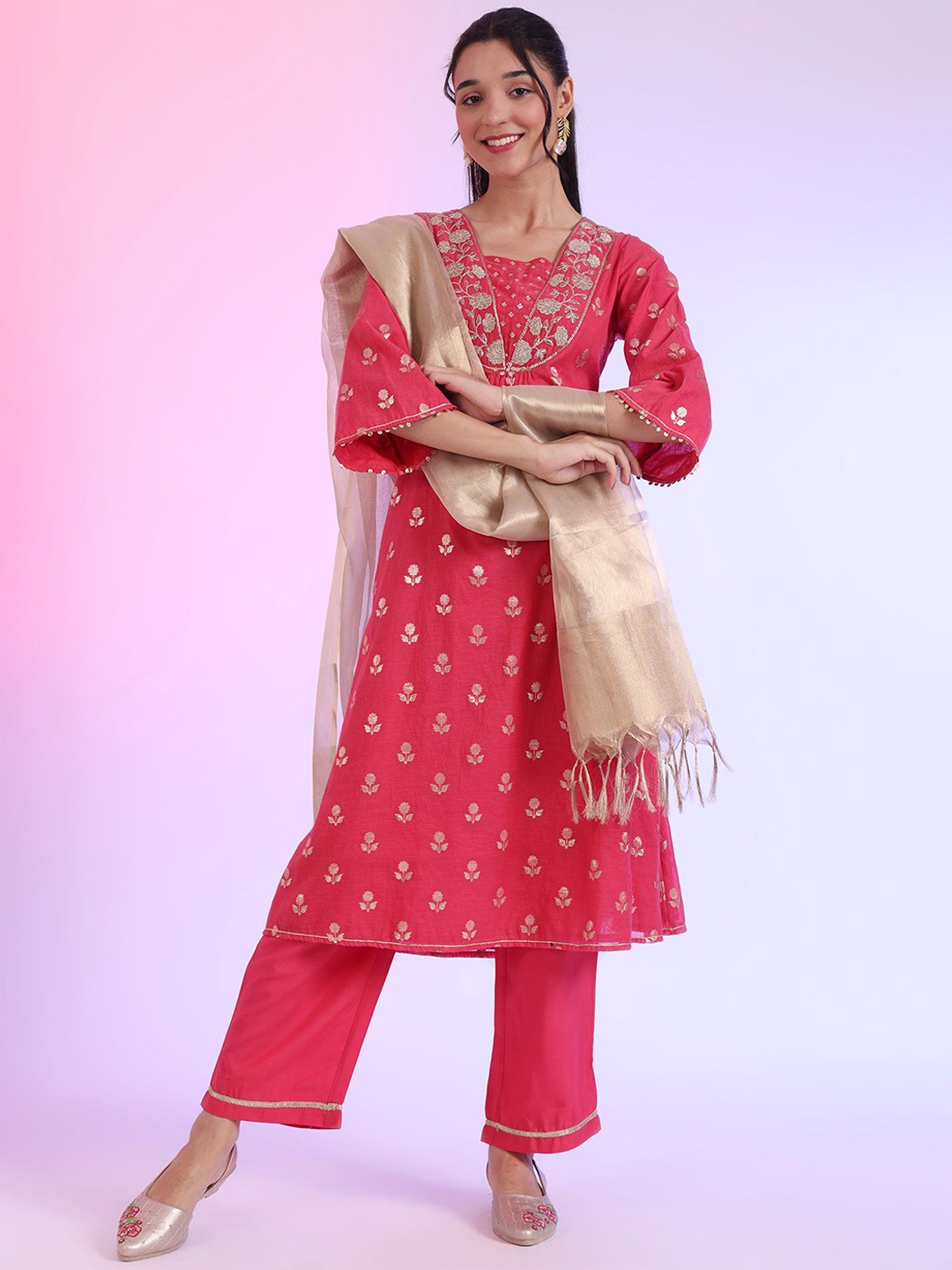 

AURELIA Floral Embroidered Sequnnied A-Line Kurta With Palazzos And Dupatta, Pink