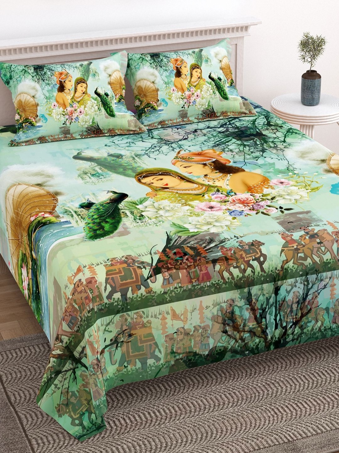 

BELLA CASA Green & White Printed Pure Cotton 300TC King Bedsheet Sets 2.74m x 2.74m