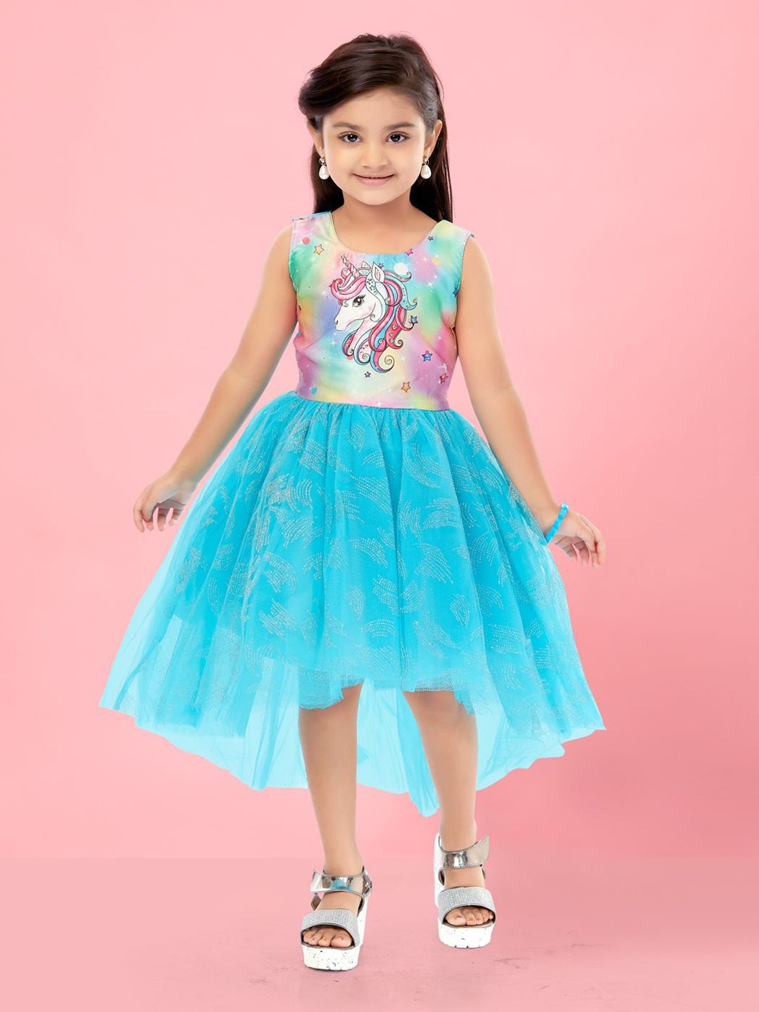 

HERE&NOW Girls Conversational Printed Fit & Flare Knee Length Dress, Turquoise blue